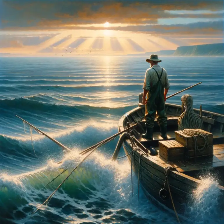 Een man die op een boot staat te vissen