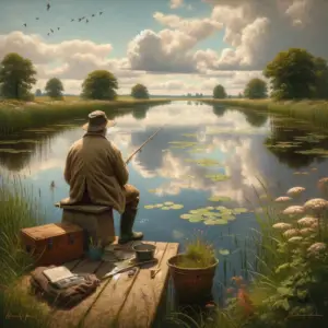 Een man die aan het vissen in een meer