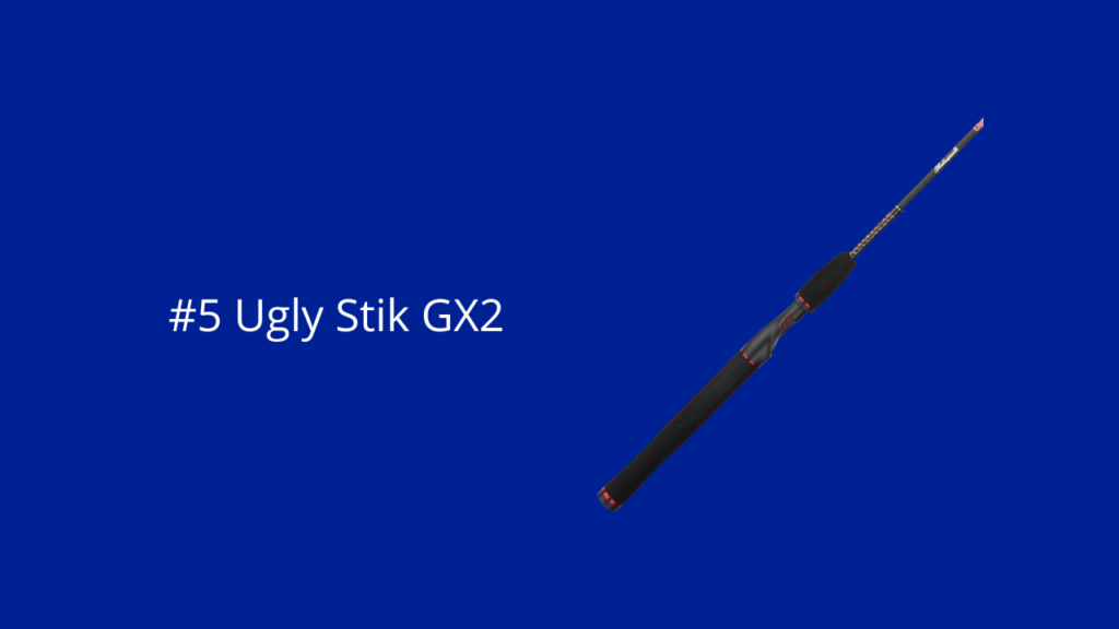 Een blauwe achtergrond en op de voorgrond de Ugly Stik GX2 vishengel