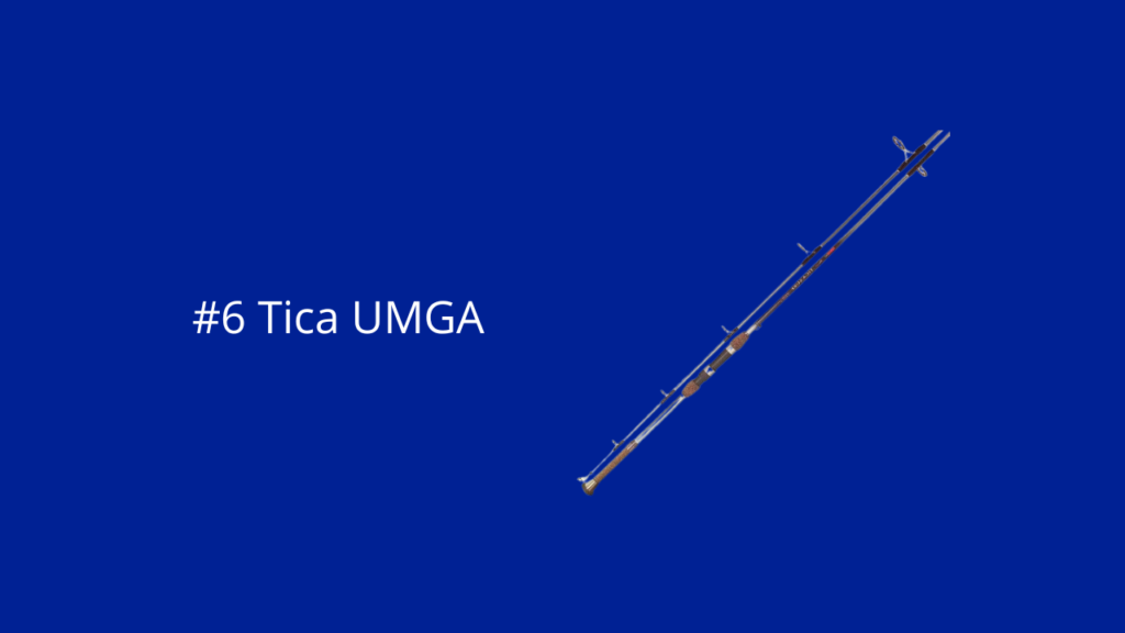 Een blauwe achtergrond en op de voor grond de Tica UMGA vishengel