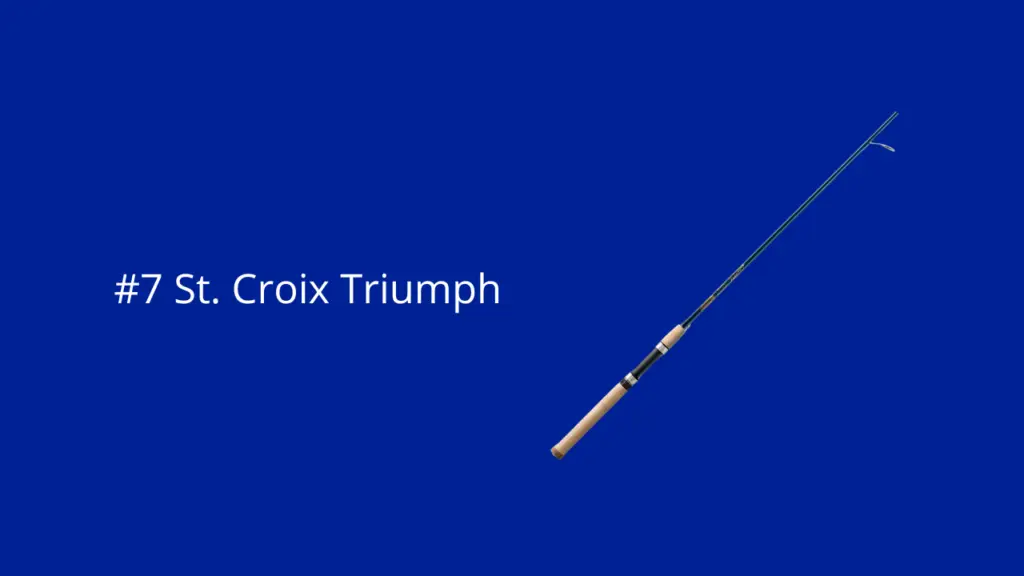 Een blauwe achtergrond en op de voor grond de St. Croix Triumph vishengel