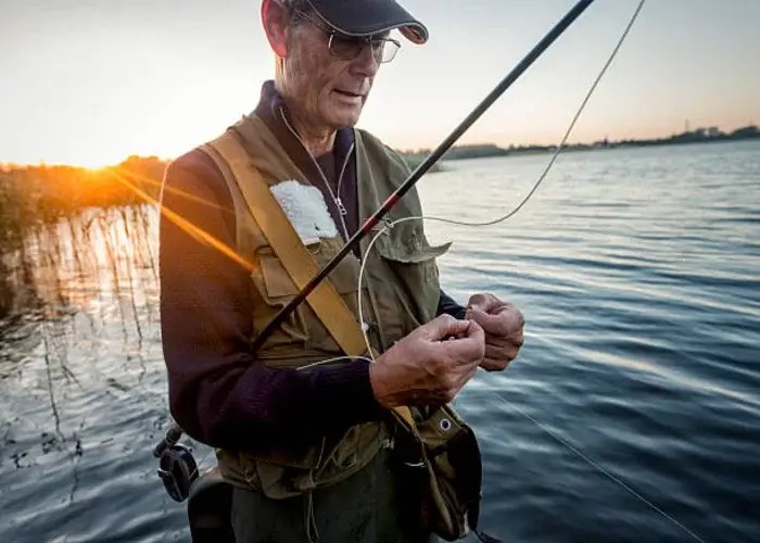 Een man die aan het vissen is in Denemarken met de juiste uitrusting. In een geweldig meer met de zons ondergang achter hem.
