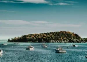 Boten op de zee die gaan vissen in Canada.